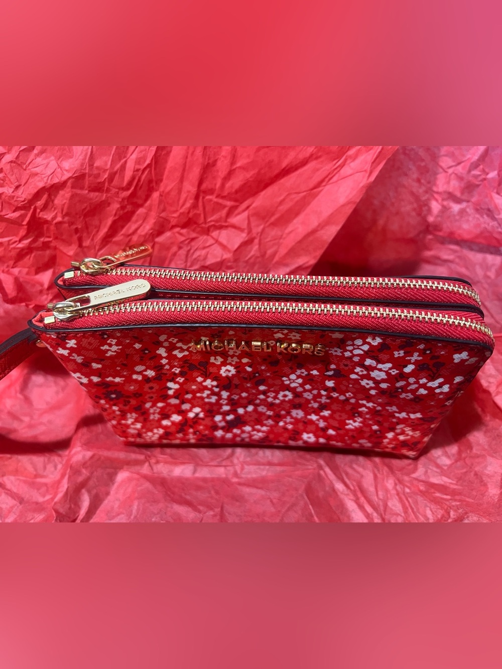 Michael Kors Red Leather Double-Zip Wristlet with Gold Hardware-NWOT